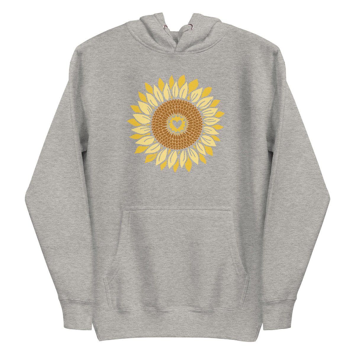 Golden sunflower with a heart center on a pullover hoodie in athletic grey, front view – Sunflowers in My Heart by Kate Spain