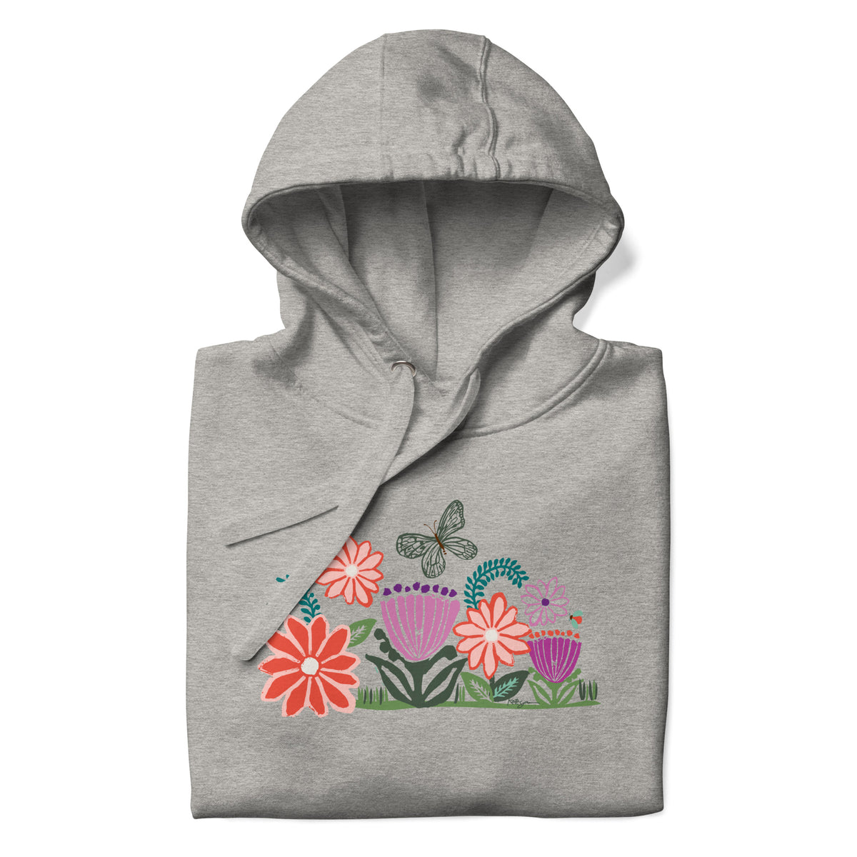 Bloom woodblock-style flowers with a butterfly, ladybug and bee on a pullover hoodie in athletic grey, folded close-up of the design – Kate Spain design