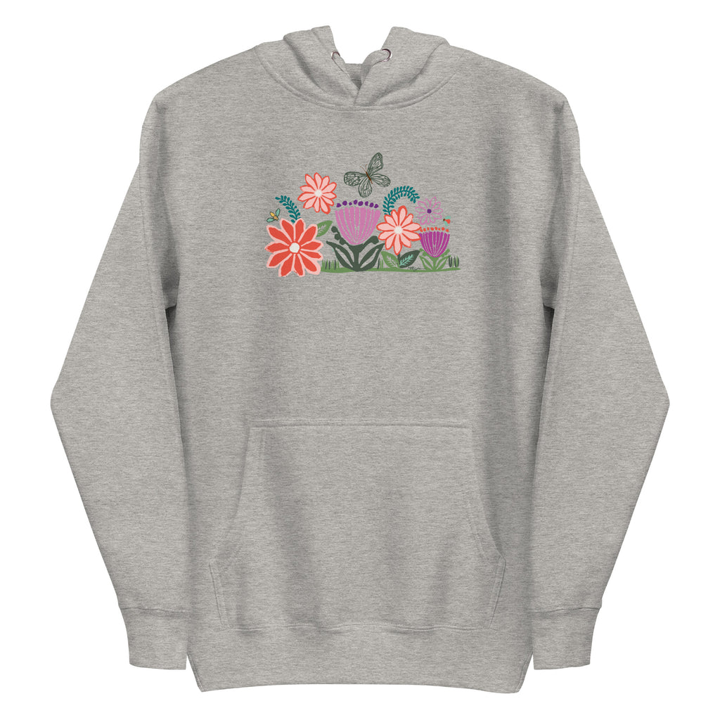 Bloom woodblock-style flowers with a butterfly, ladybug and bee on a pullover hoodie in athletic grey, front view – Kate Spain design