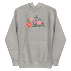 Bloom woodblock-style flowers with a butterfly, ladybug and bee on a pullover hoodie in athletic grey, front view – Kate Spain design