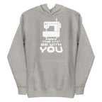 May the ¼" Be With You bold lettering with a sewing machine on a pullover hoodie in athletic grey, front view – Kate Spain design for Pat Sloan
