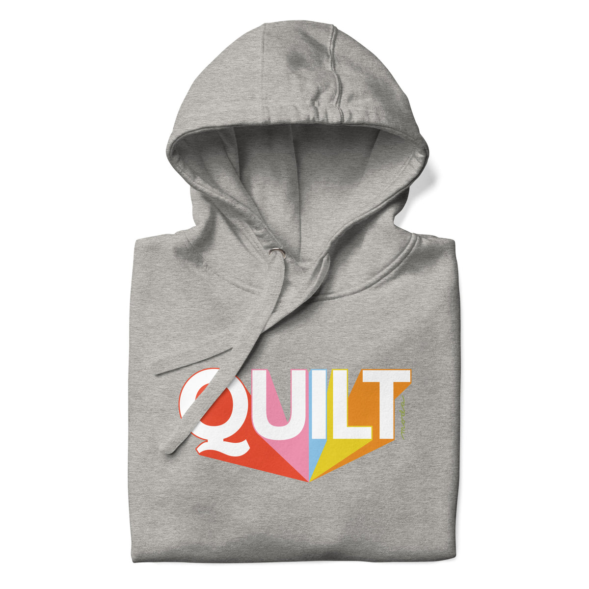 Moda QUILT logo with orange, pink, blue and yellow rays on a premium hoodie in athletic grey, folded close-up of the design – Kate Spain design