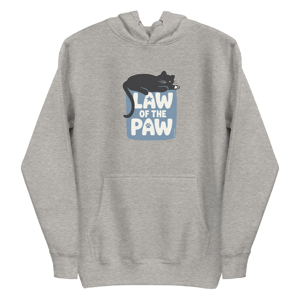 Law of the Paw® design with a cat napping on the logo on a pullover hoodie in athletic grey, front view – Kate Spain design