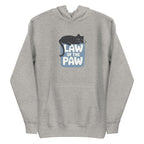Law of the Paw® design with a cat napping on the logo on a pullover hoodie in athletic grey, front view – Kate Spain design