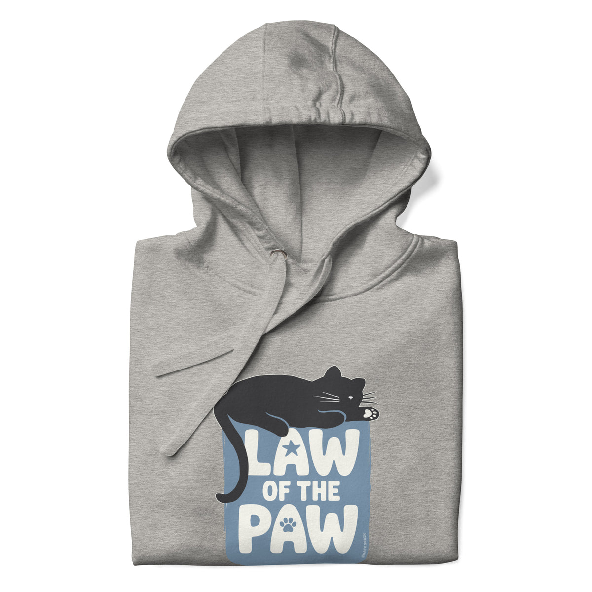 Law of the Paw® design with a cat napping on the logo on a pullover hoodie in athletic grey, folded close-up of the design – Kate Spain design