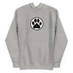 Law of the Paw® dog paw print on a pullover hoodie in athletic grey, front view – Kate Spain design