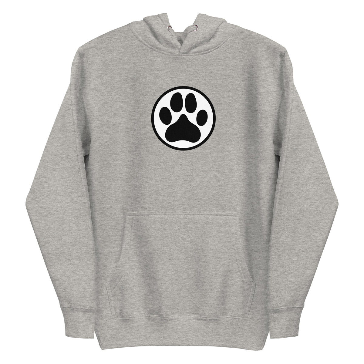 Law of the Paw® dog paw print on a pullover hoodie in athletic grey, front view – Kate Spain design