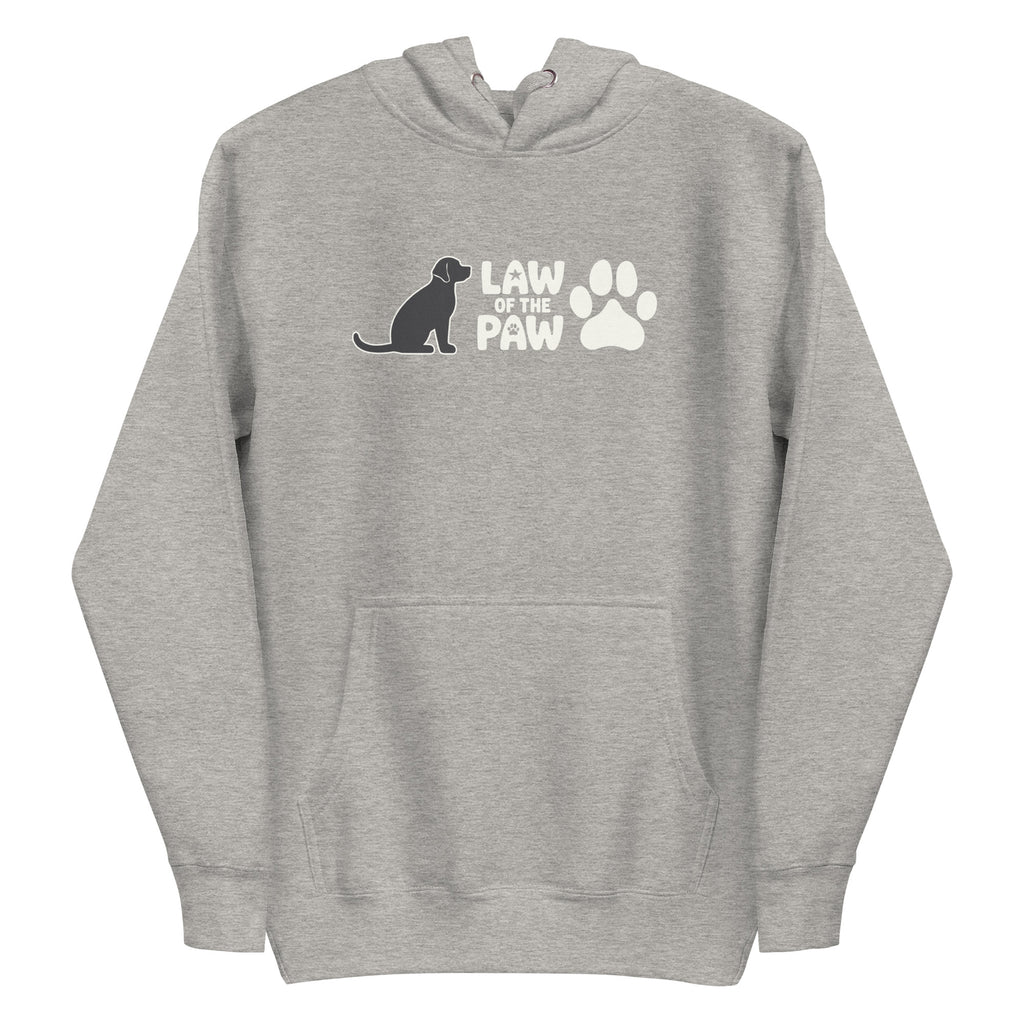 Law of the Paw® logo with seated dog and paw print on a pullover hoodie in athletic grey, front view – Kate Spain design