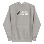 Law of the Paw® logo with seated dog and paw print on a pullover hoodie in athletic grey, front view – Kate Spain design