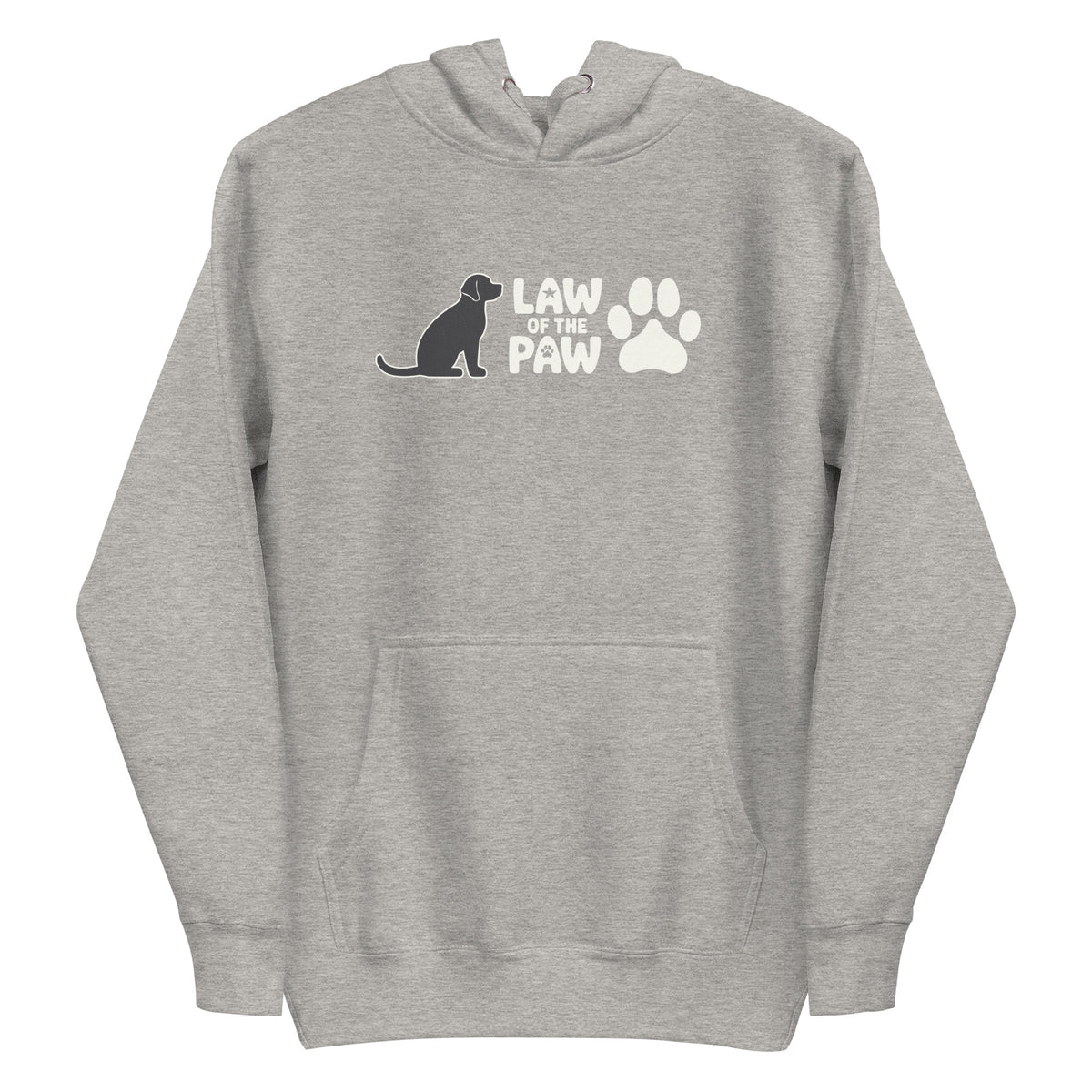 Law of the Paw® logo with seated dog and paw print on a pullover hoodie in athletic grey, front view – Kate Spain design