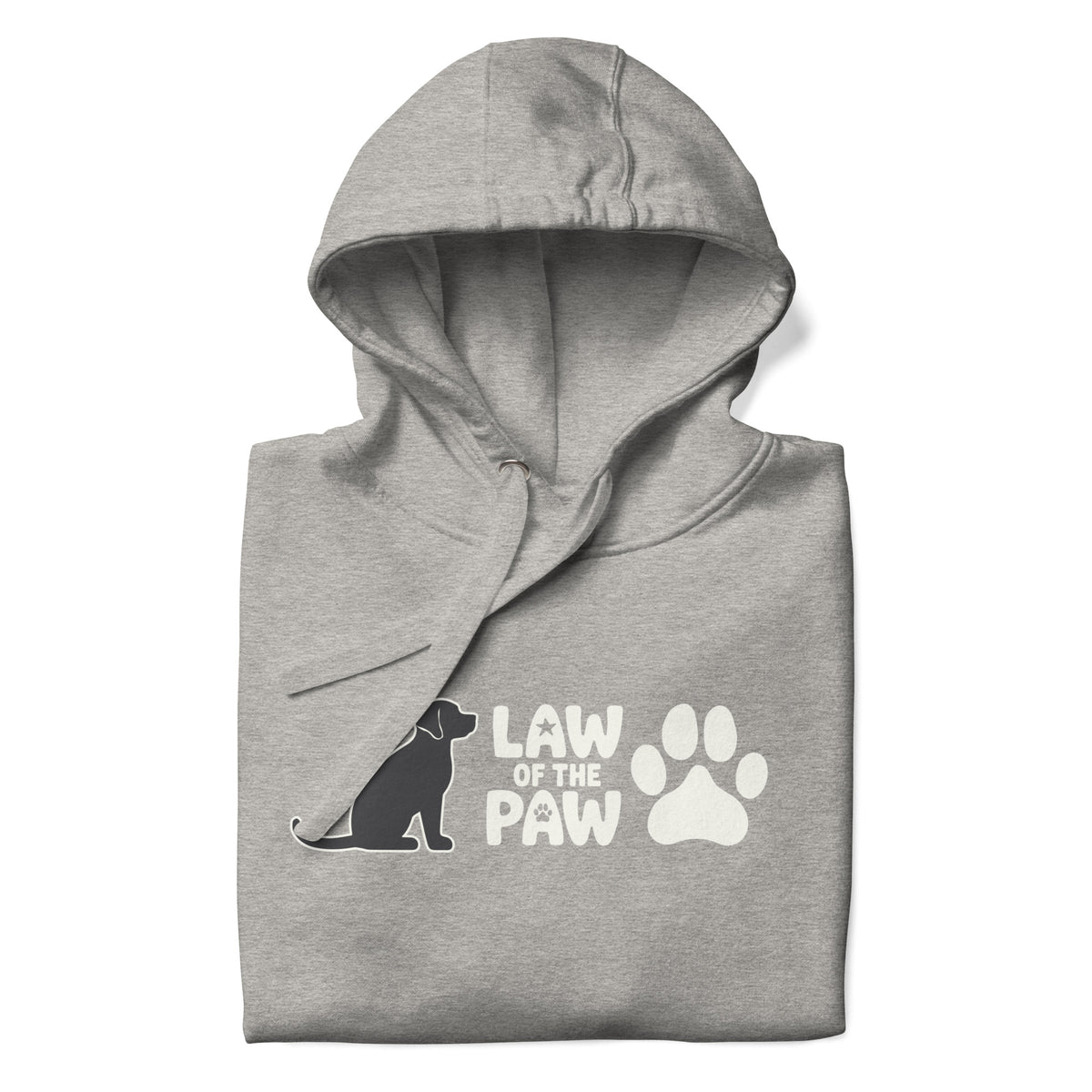 Law of the Paw® logo with seated dog and paw print on a pullover hoodie in athletic grey, folded close-up of the design – Kate Spain design