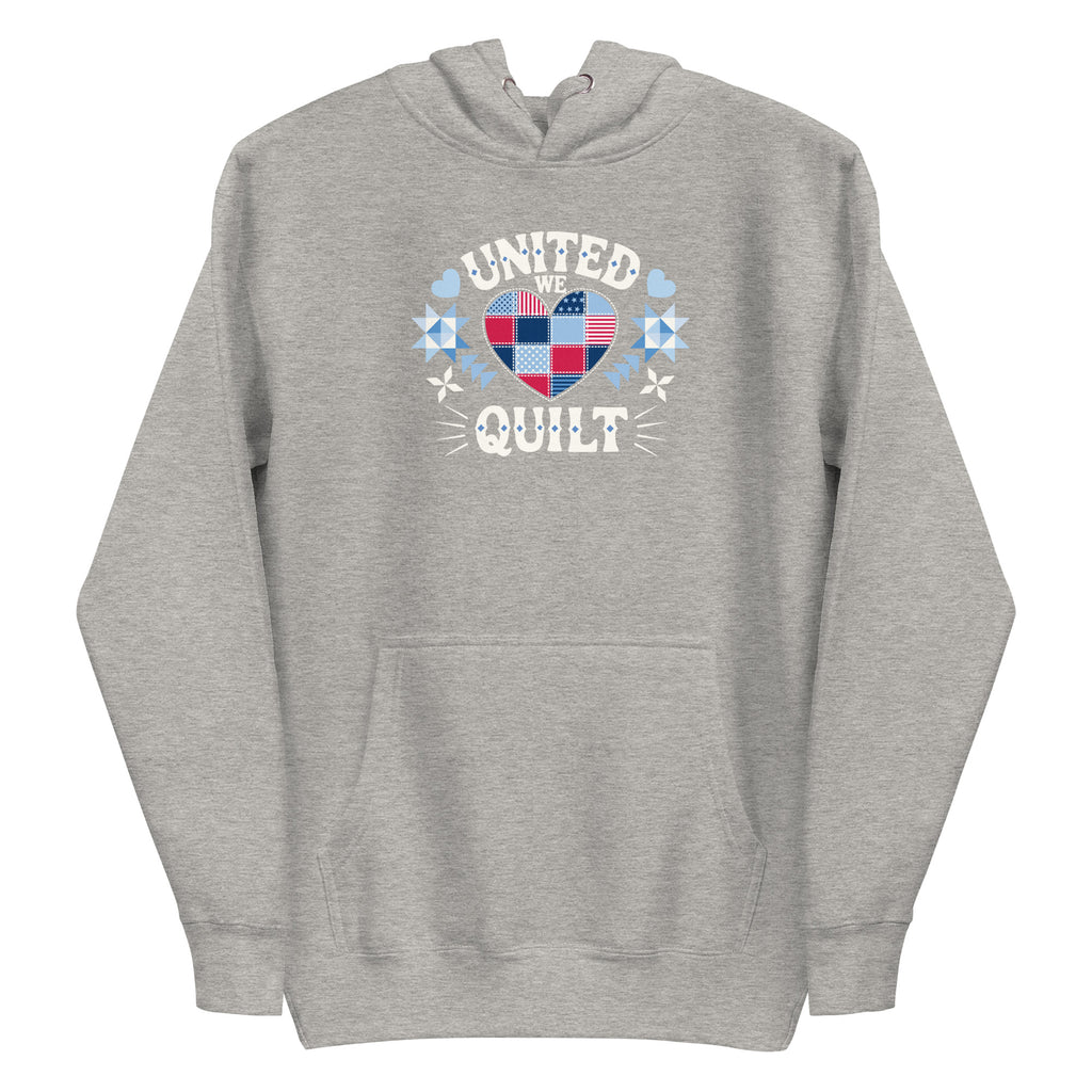 United We Quilt patchwork heart with quilt stars on a premium hoodie in athletic grey, front view – Kate Spain design for Pat Sloan