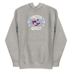 United We Quilt patchwork heart with quilt stars on a premium hoodie in athletic grey, front view – Kate Spain design for Pat Sloan