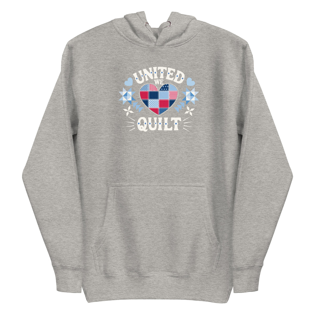 United We Quilt patchwork heart with quilt stars on a premium hoodie in athletic grey, front view – Kate Spain design for Pat Sloan