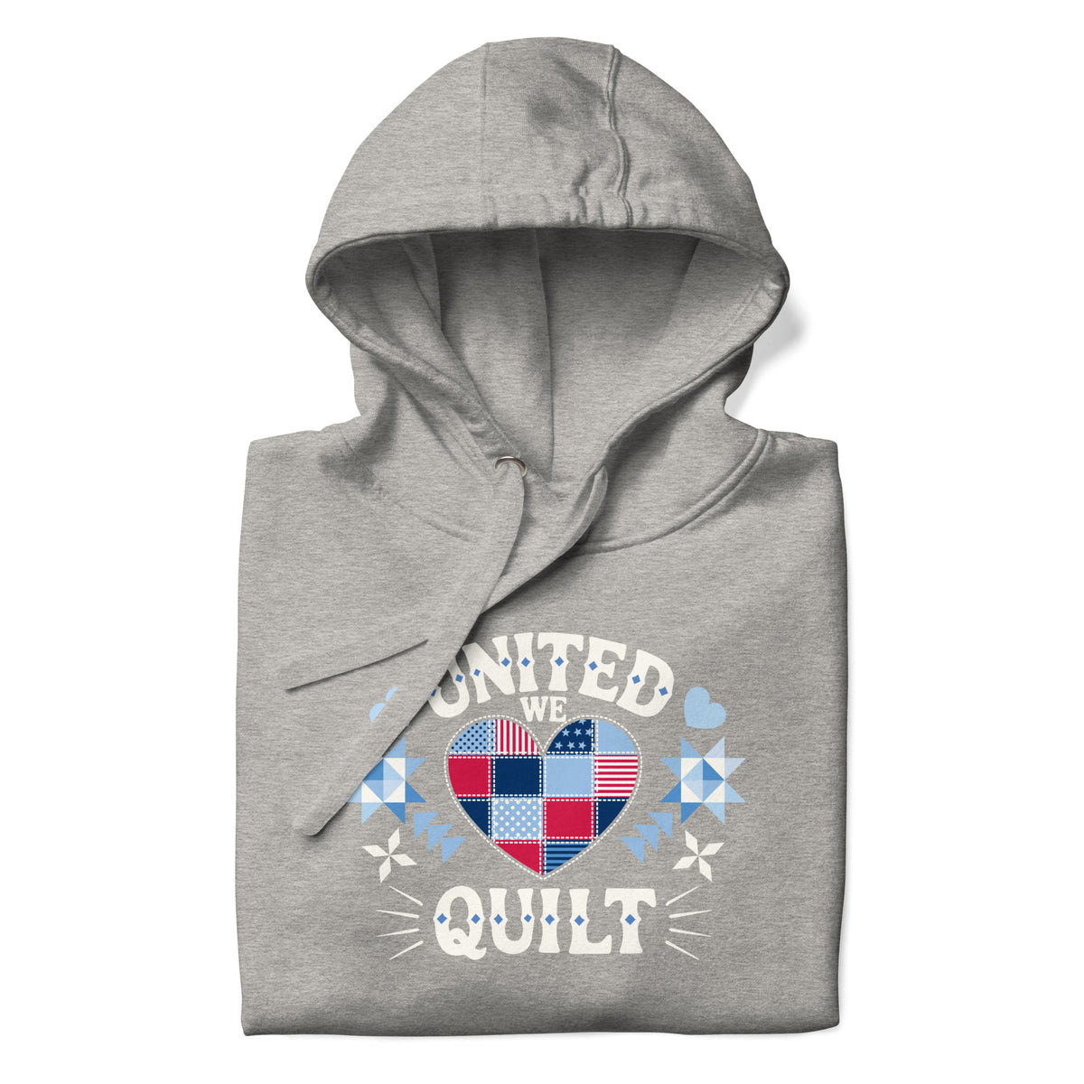 United We Quilt patchwork heart with quilt stars on a premium hoodie in athletic grey, folded close-up of the design – Kate Spain design for Pat Sloan
