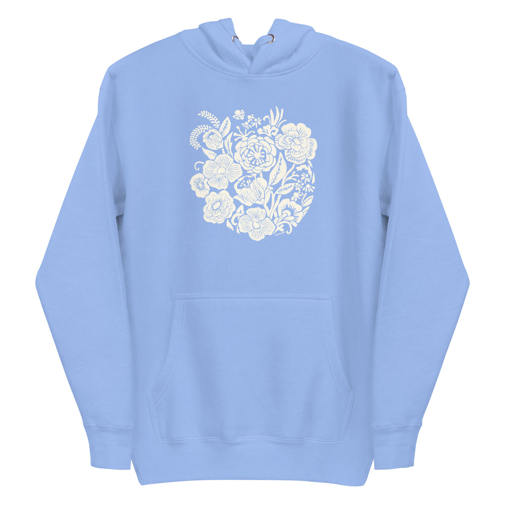 Meadowsweet woodblock-style bouquet of wildflowers on a pullover hoodie in Carolina blue, front view – Kate Spain design