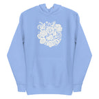 Meadowsweet woodblock-style bouquet of wildflowers on a pullover hoodie in Carolina blue, front view – Kate Spain design