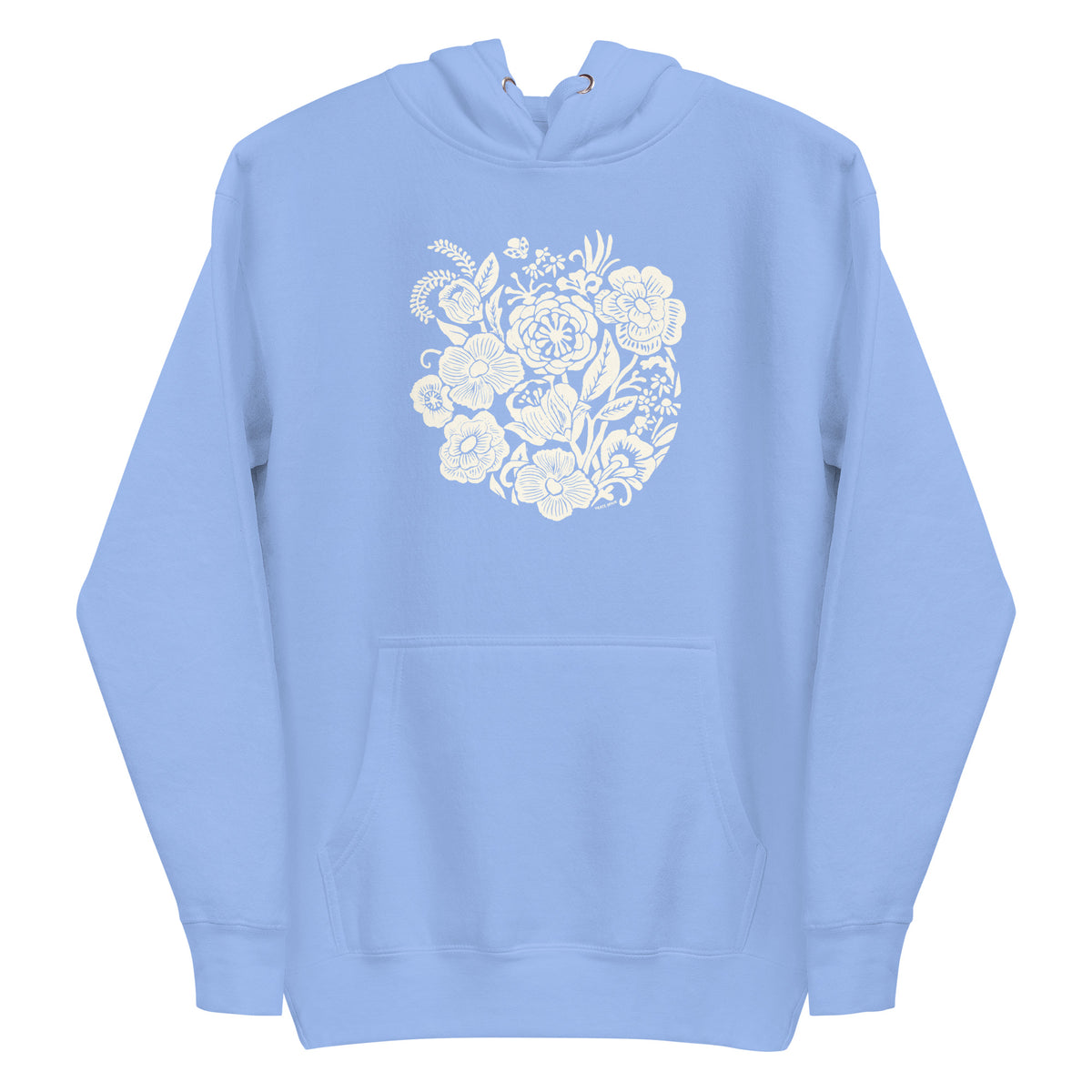 Meadowsweet woodblock-style bouquet of wildflowers on a pullover hoodie in Carolina blue, front view – Kate Spain design
