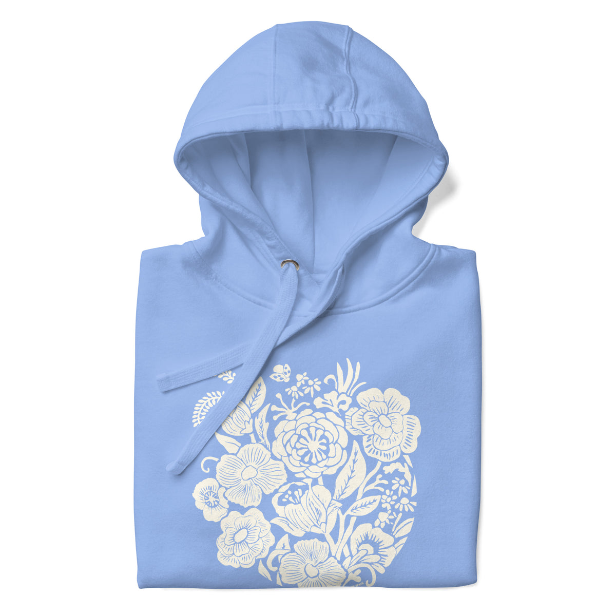 Meadowsweet woodblock-style bouquet of wildflowers on a pullover hoodie in Carolina blue, folded close-up of the design – Kate Spain design