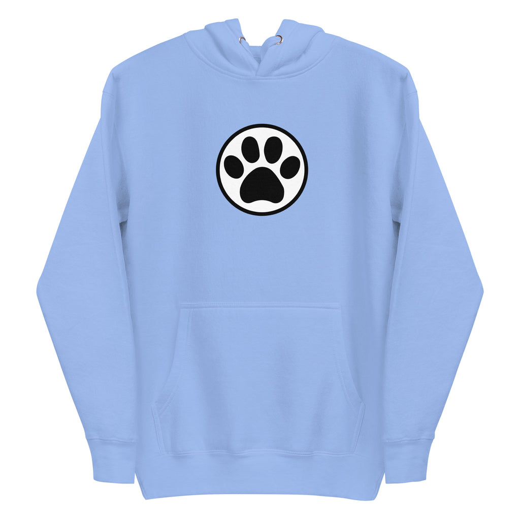 Law of the Paw® cat paw print on a pullover hoodie in Carolina blue, front view – Kate Spain design