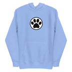 Law of the Paw® cat paw print on a pullover hoodie in Carolina blue, front view – Kate Spain design