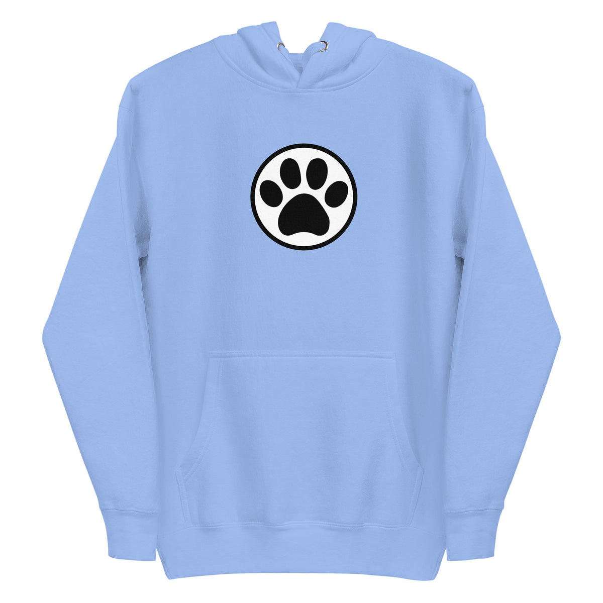 Law of the Paw® cat paw print on a pullover hoodie in Carolina blue, front view – Kate Spain design