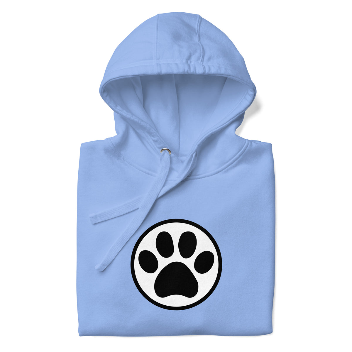 Law of the Paw® cat paw print on a pullover hoodie in Carolina blue, folded close-up of the design – Kate Spain design