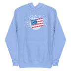 patchwork American flag in quilt fabrics on a pullover hoodie in Carolina blue, front view – Kate Spain design for Pat Sloan