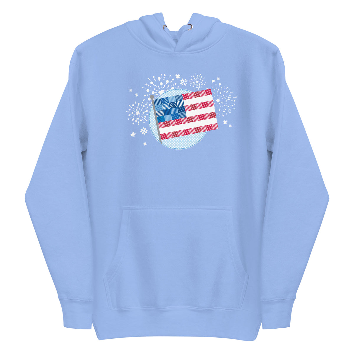 patchwork American flag in quilt fabrics on a pullover hoodie in Carolina blue, front view – Kate Spain design for Pat Sloan
