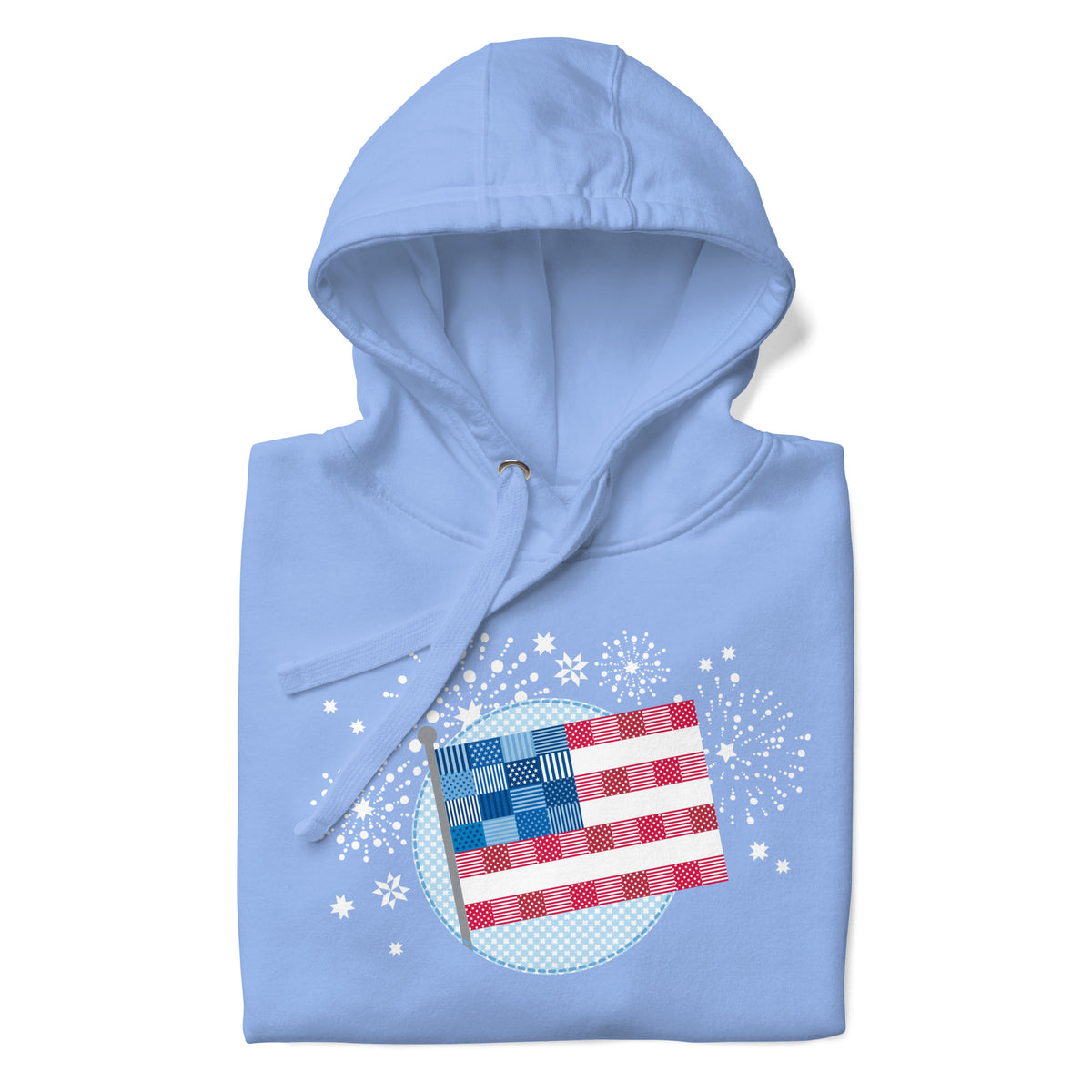 patchwork American flag in quilt fabrics on a pullover hoodie in Carolina blue, folded close-up of the design – Kate Spain design for Pat Sloan