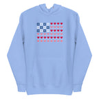 United We Quilt patchwork flag with quilt-block stars and heart stripes on a pullover hoodie in Carolina blue, front view – Kate Spain design for Pat Sloan