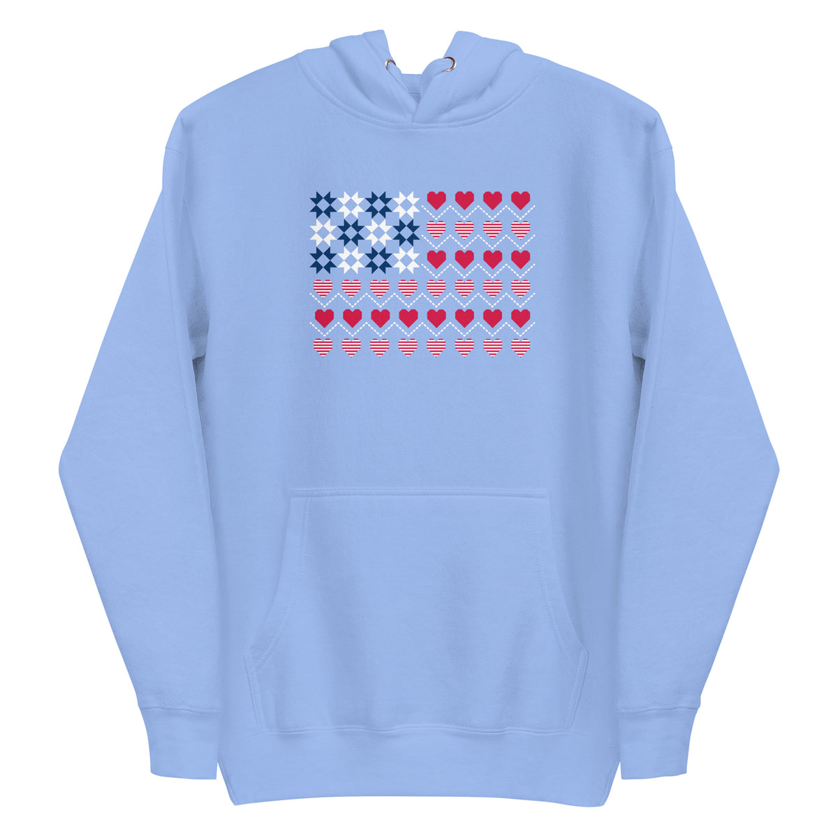 United We Quilt patchwork flag with quilt-block stars and heart stripes on a pullover hoodie in Carolina blue, front view – Kate Spain design for Pat Sloan