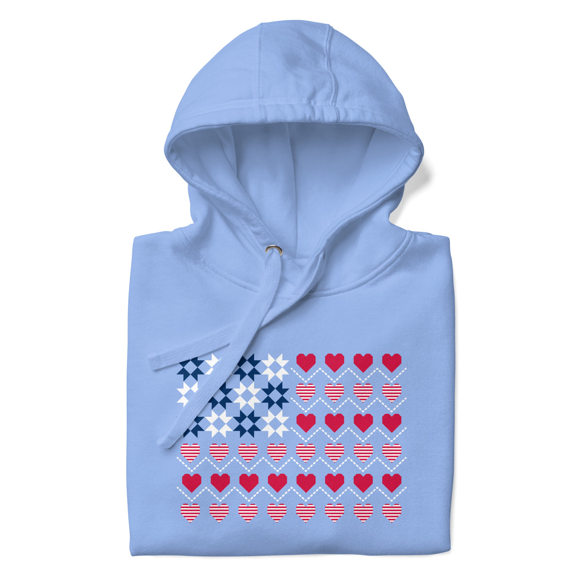United We Quilt patchwork flag with quilt-block stars and heart stripes on a pullover hoodie in Carolina blue, folded close-up of the design – Kate Spain design for Pat Sloan