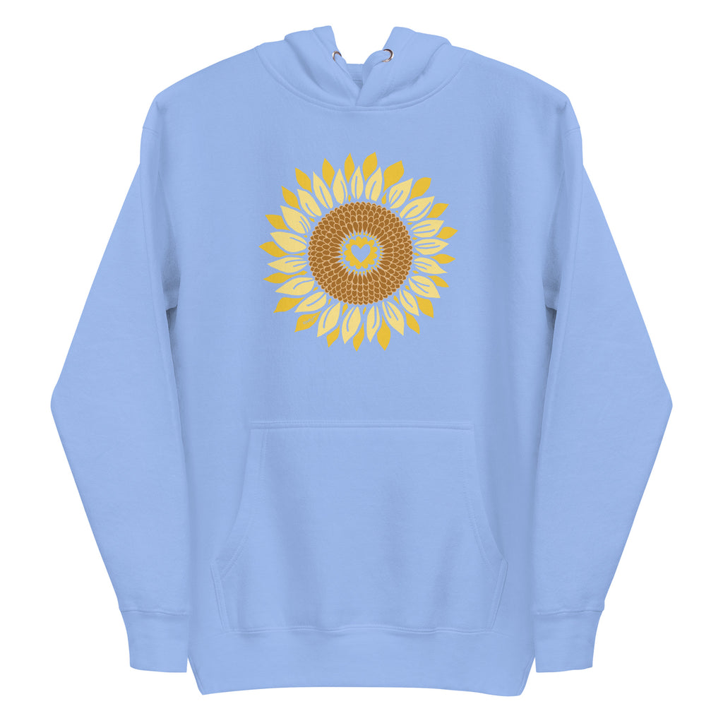 Golden sunflower with a heart center on a pullover hoodie in Carolina blue, front view – Sunflowers in My Heart by Kate Spain