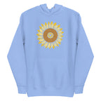 Golden sunflower with a heart center on a pullover hoodie in Carolina blue, front view – Sunflowers in My Heart by Kate Spain