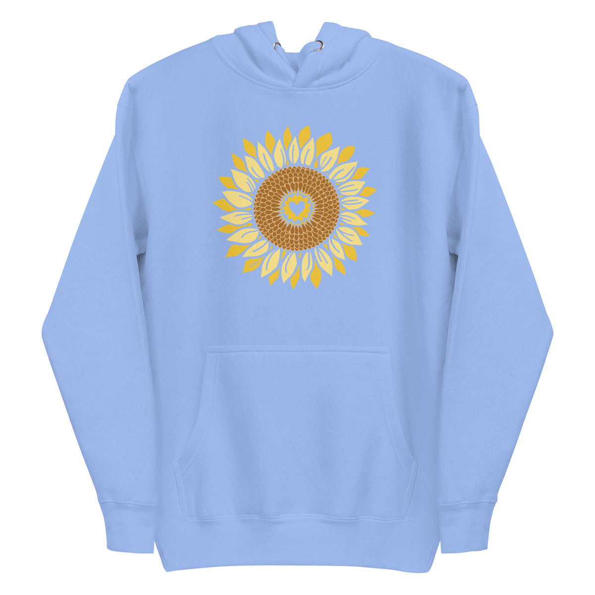 Golden sunflower with a heart center on a pullover hoodie in Carolina blue, front view – Sunflowers in My Heart by Kate Spain
