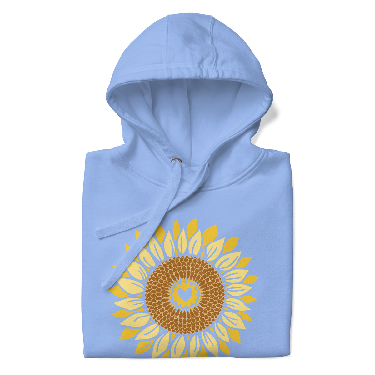 Golden sunflower with a heart center on a pullover hoodie in Carolina blue, folded close-up of the design – Sunflowers in My Heart by Kate Spain