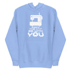 May the ¼" Be With You bold lettering with a sewing machine on a pullover hoodie in Carolina blue, front view – Kate Spain design for Pat Sloan