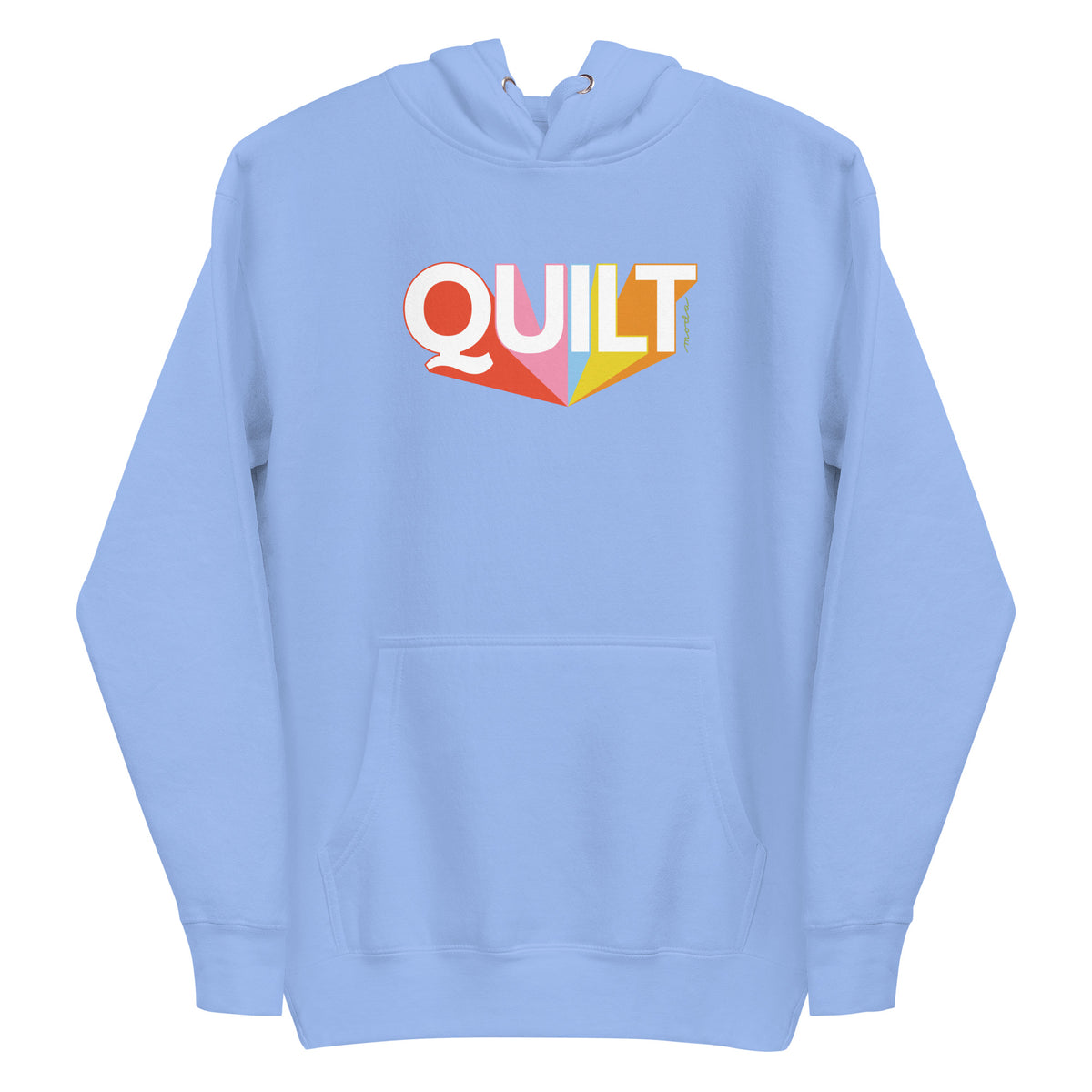 Moda QUILT logo with orange, pink, blue and yellow rays on a premium hoodie in Carolina blue, front view – Kate Spain design