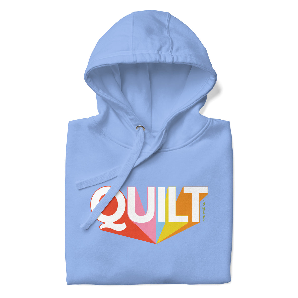 Moda QUILT logo with orange, pink, blue and yellow rays on a premium hoodie in Carolina blue, folded close-up of the design – Kate Spain design