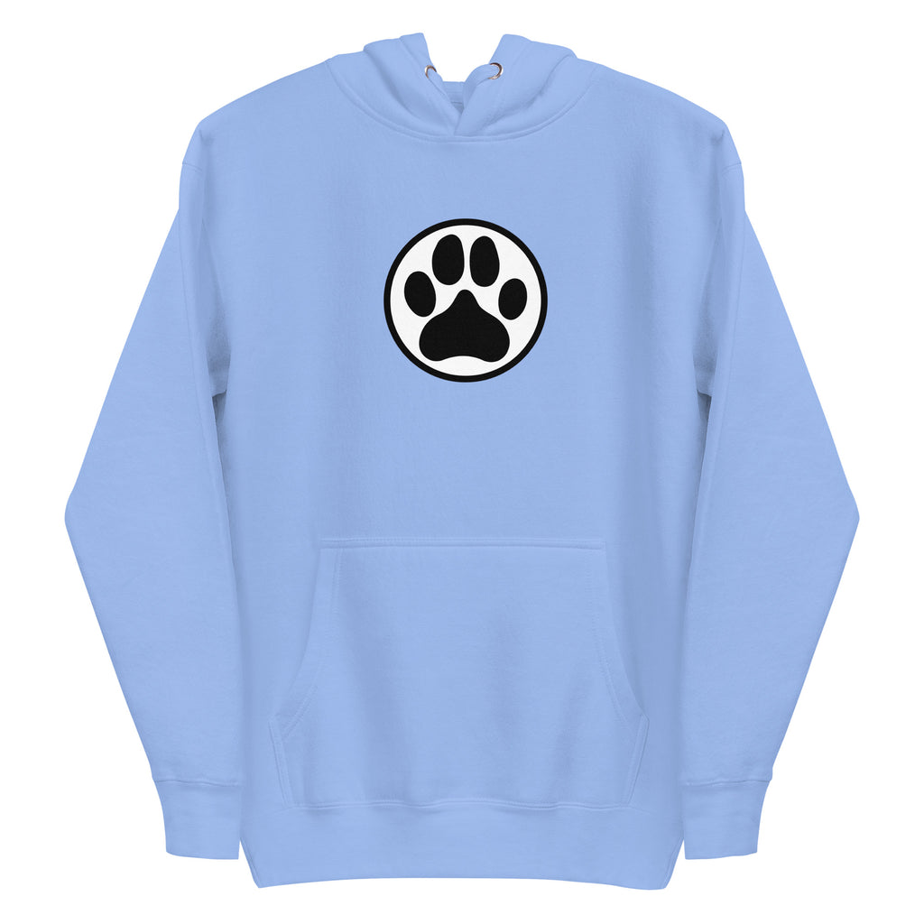 Law of the Paw® dog paw print on a pullover hoodie in Carolina blue, front view – Kate Spain design