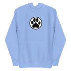 Law of the Paw® dog paw print on a pullover hoodie in Carolina blue, front view – Kate Spain design