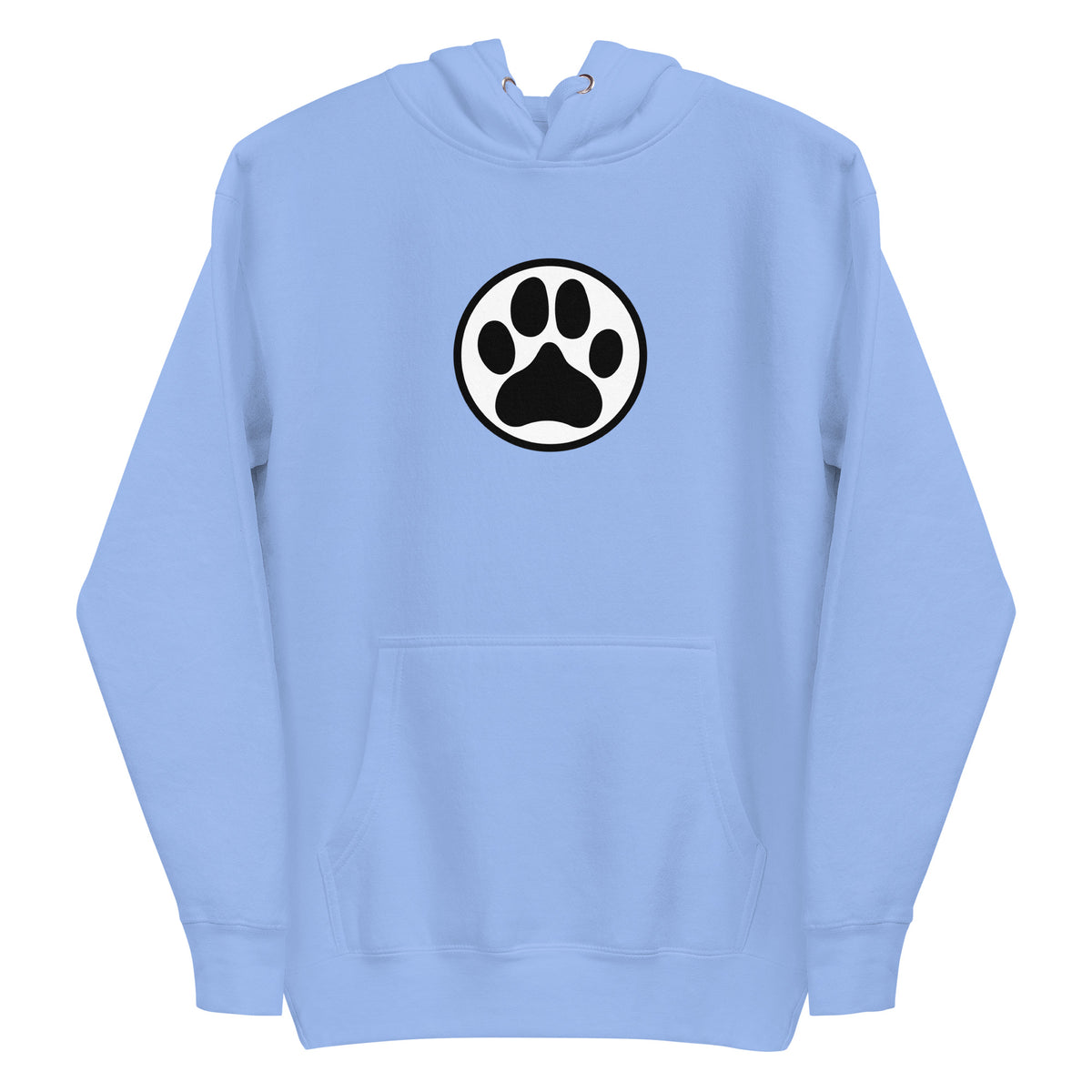 Law of the Paw® dog paw print on a pullover hoodie in Carolina blue, front view – Kate Spain design