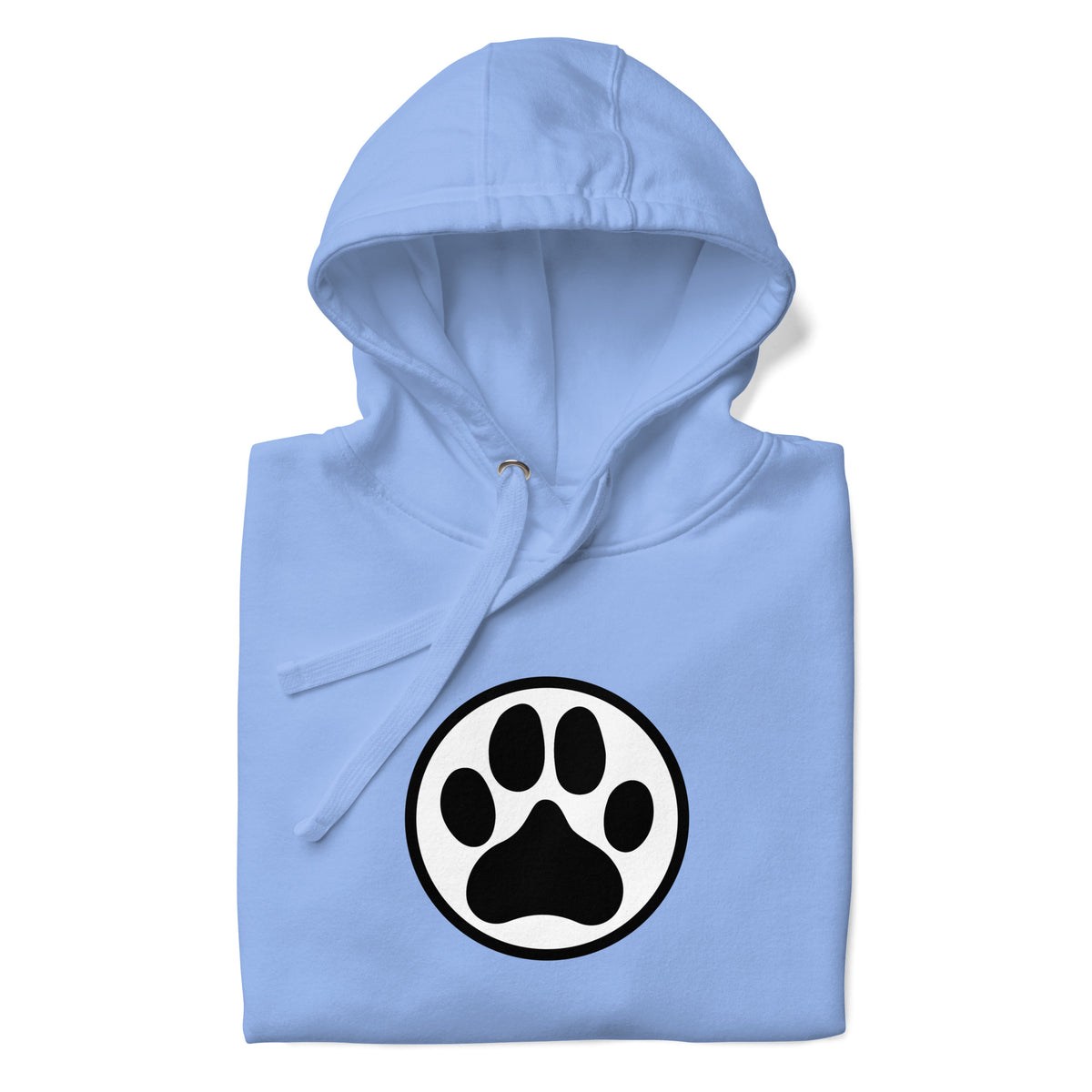 Law of the Paw® dog paw print on a pullover hoodie in Carolina blue, folded close-up of the design – Kate Spain design