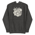 Meadowsweet woodblock-style bouquet of wildflowers on a pullover hoodie in charcoal grey, front view – Kate Spain design