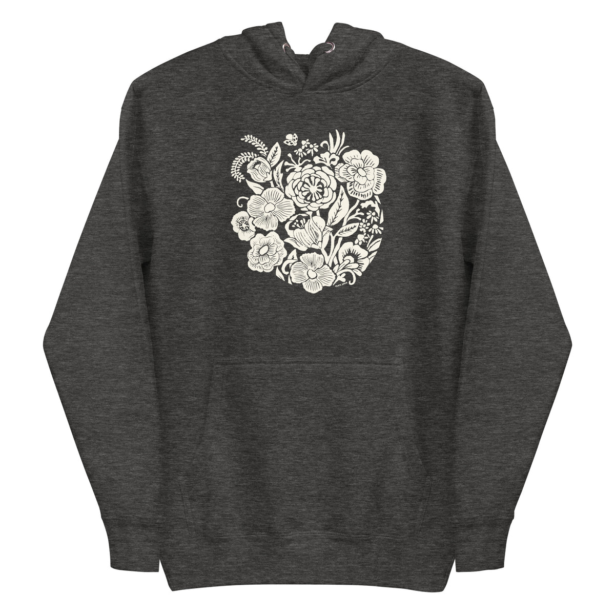 Meadowsweet woodblock-style bouquet of wildflowers on a pullover hoodie in charcoal grey, front view – Kate Spain design