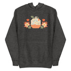 Falling for Fall patchwork pumpkin with quilt-block stars and hearts on a pullover hoodie in charcoal grey, front view – Kate Spain design for Pat Sloan