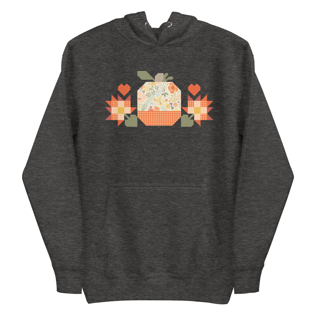 Falling for Fall patchwork pumpkin with quilt-block stars and hearts on a pullover hoodie in charcoal grey, front view – Kate Spain design for Pat Sloan