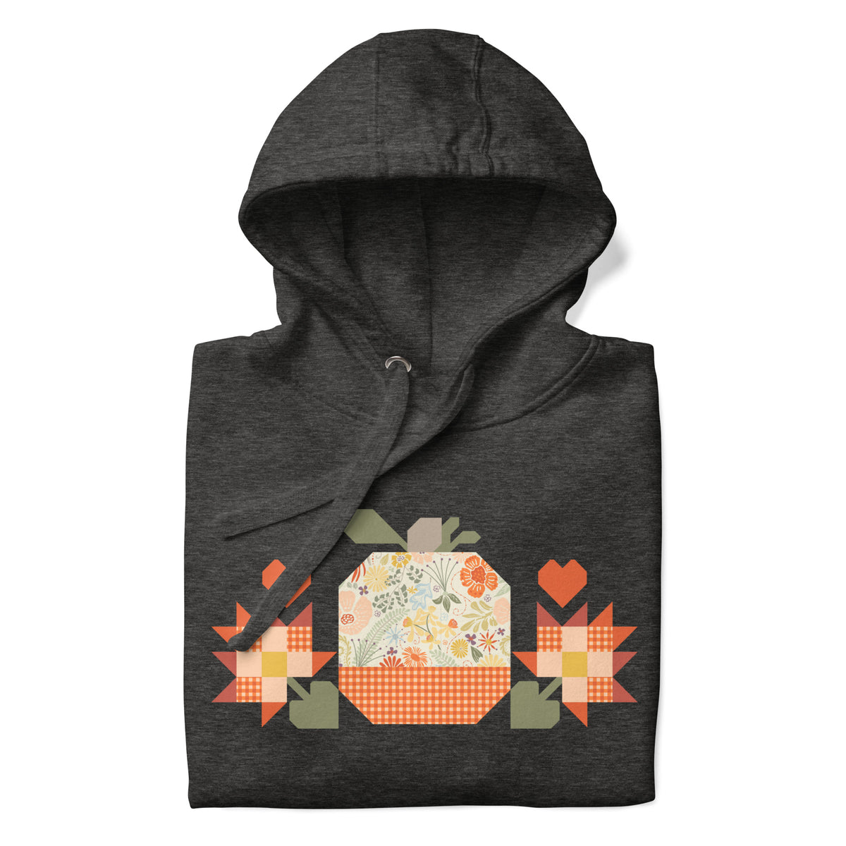Falling for Fall patchwork pumpkin with quilt-block stars and hearts on a pullover hoodie in charcoal grey, folded close-up of the design – Kate Spain design for Pat Sloan