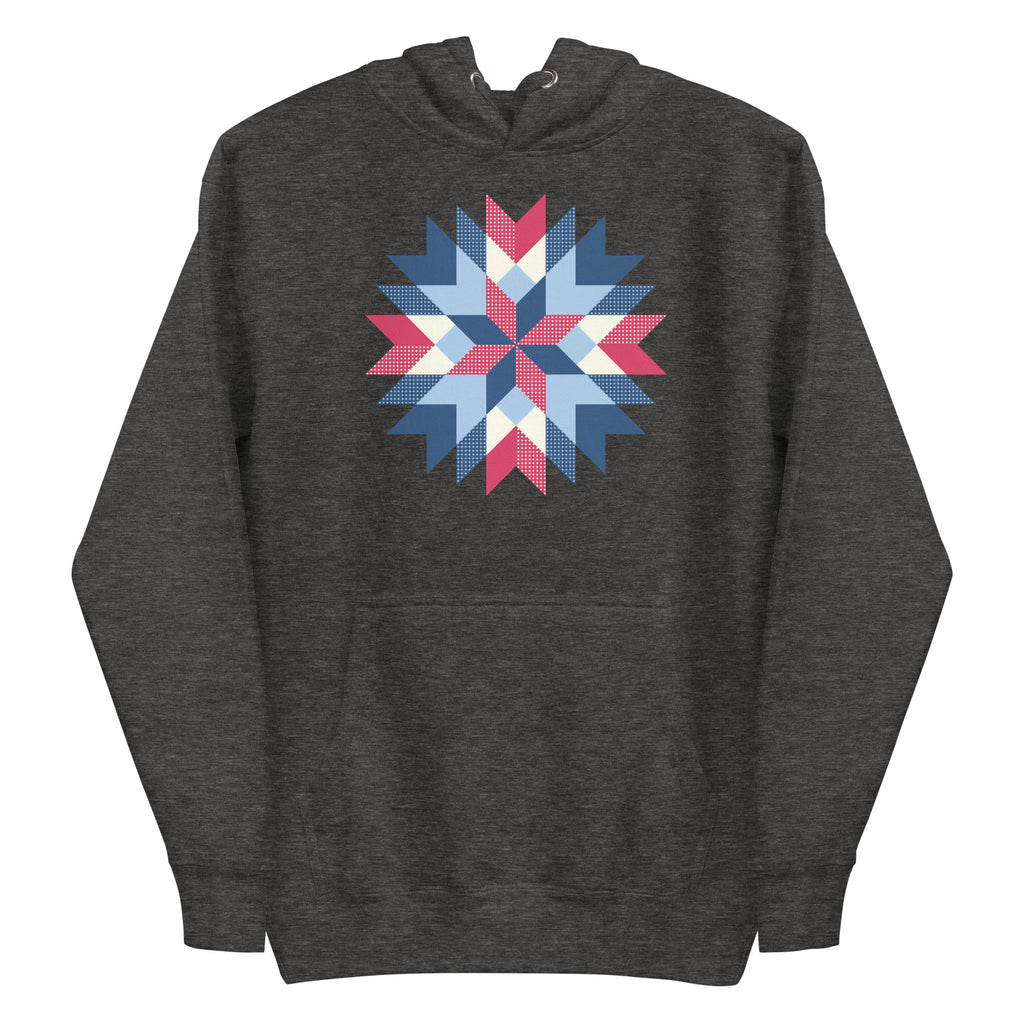 Barn Star quilt block in red, white and blue on a pullover hoodie in charcoal grey, front view – Kate Spain design for Pat Sloan